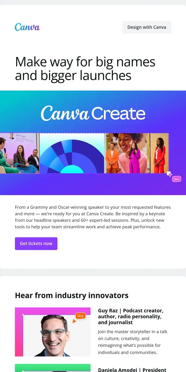 Email from Canva. Join these award winners at Canva Create 🏆