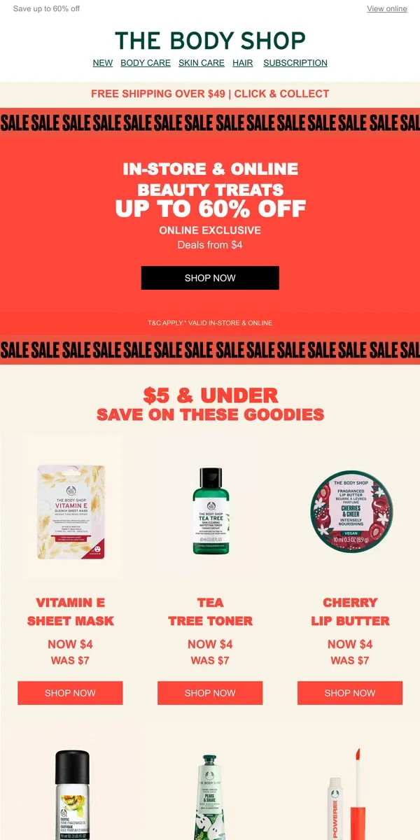 Email from The Body Shop. $5 & Under Deals