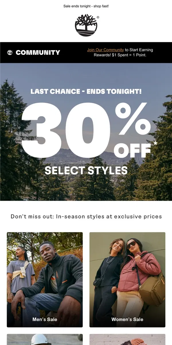 Email from Timberland. LAST CHANCE to save up to 30%!