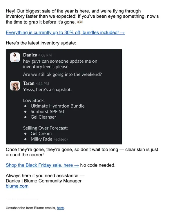 Email from Blume. Black Friday Inventory Update