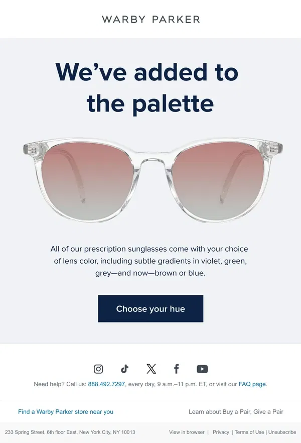 Email from Warby Parker. In hue-related news