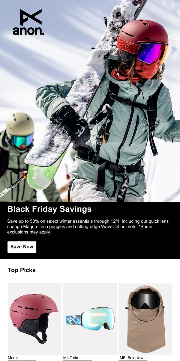 Email from Burton. Black Friday—Save Up to 50%  ​