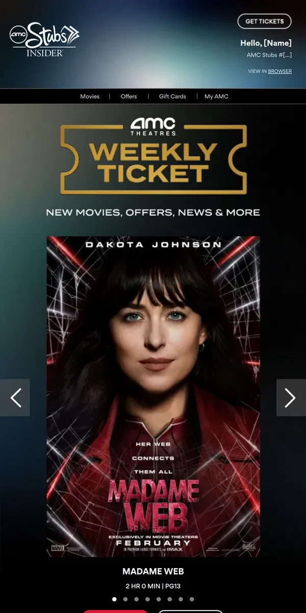 Email from AMC Theatres. [Name], Your Weekly Ticket Is Here