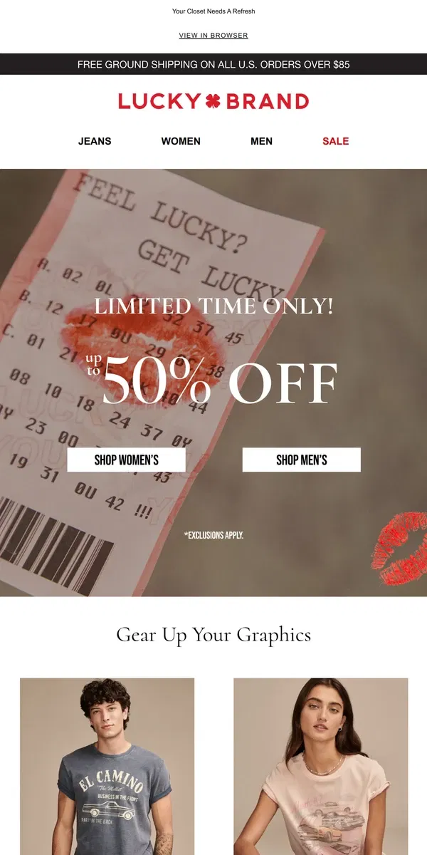 Email from Lucky Brand. LIMITED TIME! Up To 50% Off Sitewide