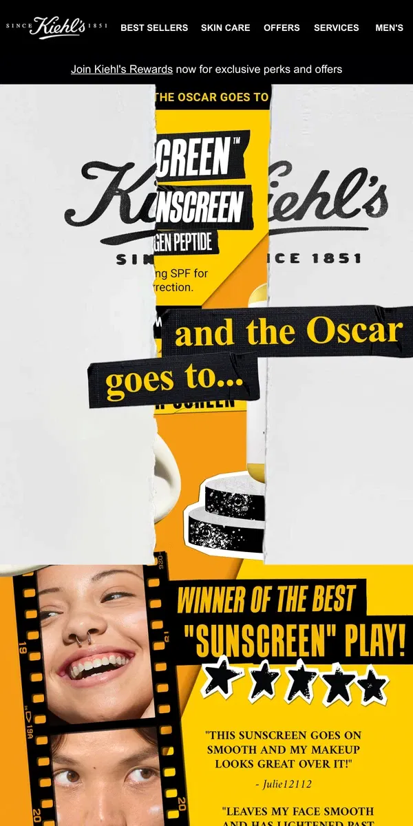 Email from Kiehl's. WE WON 🏆Best Original Sunscreen-Play!