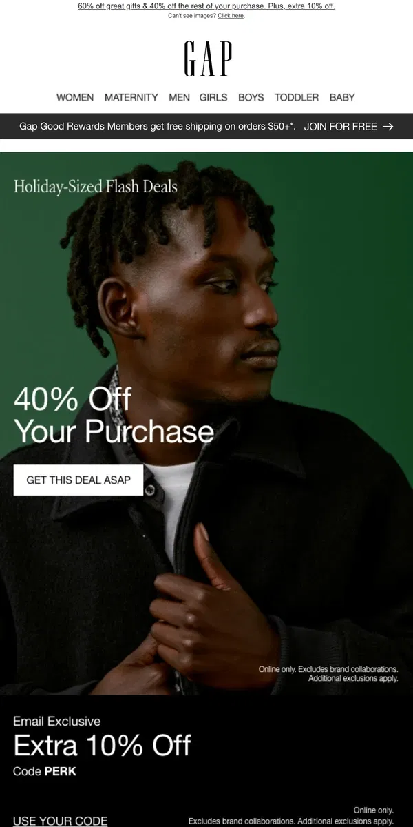 Email from GAP. GIFT in CASHSOFT + 40% off & a bonus deal