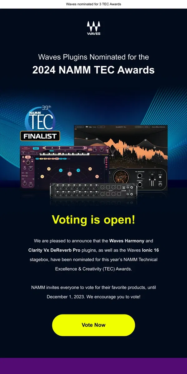 Email from Waves Audio. Vote for your favorite new audio products »