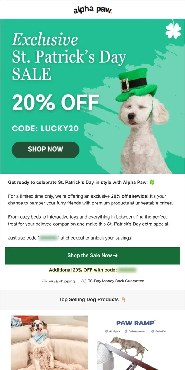 Email from Alpha Paw. 🍀 Exclusive St. Patrick's Day Sale Inside!