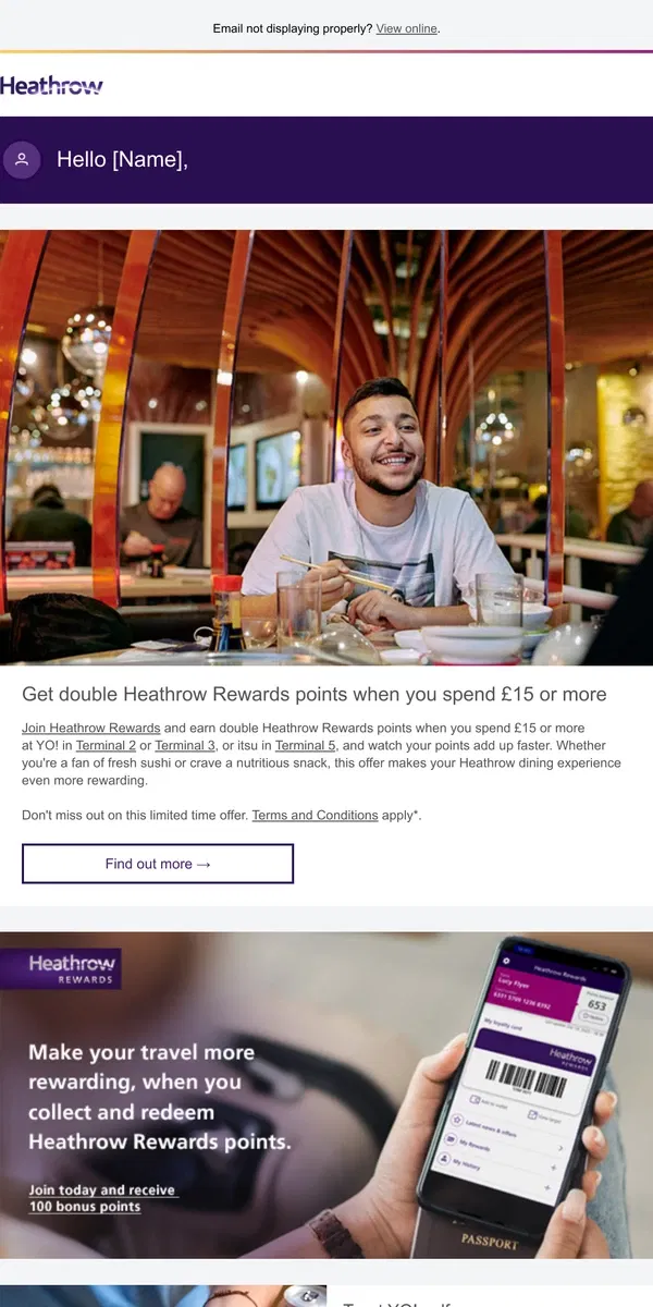 Email from Heathrow Airport. [Name], get more rewards at YO! and itsu