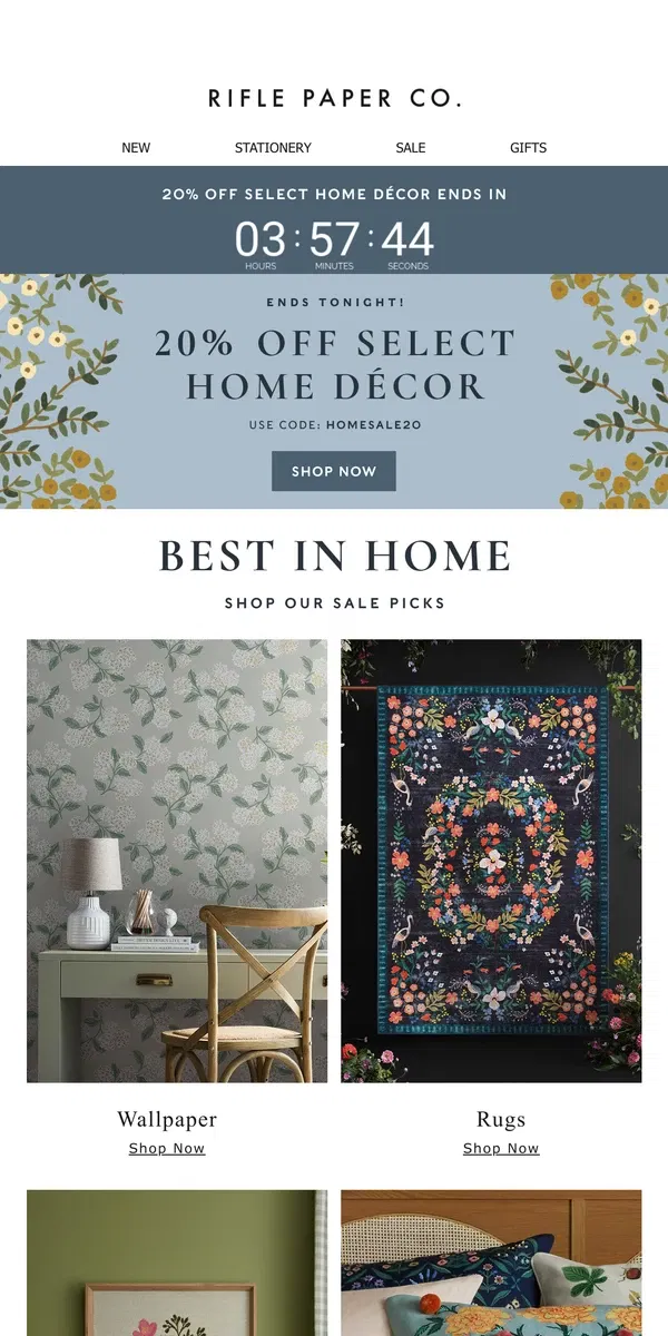 Email from Rifle Paper Co.. Final Hours: 20% off Wallpaper, Rugs, and Select Decor 🚨