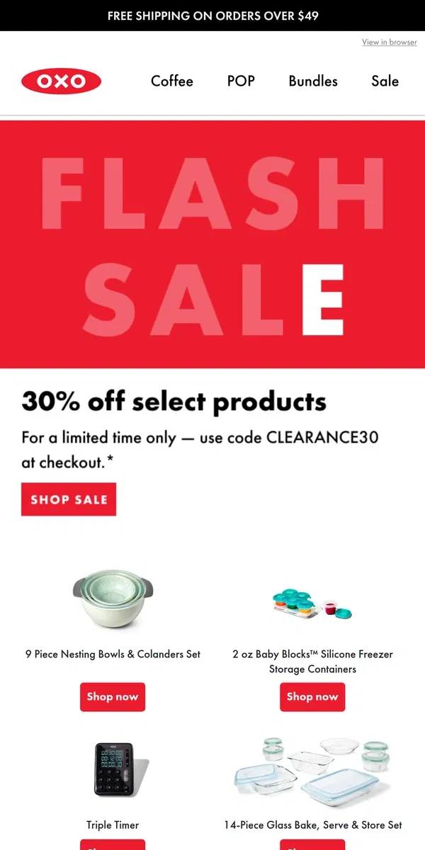 Email from OXO. [30% Coupon Enclosed] Our clearance sale is happening now!