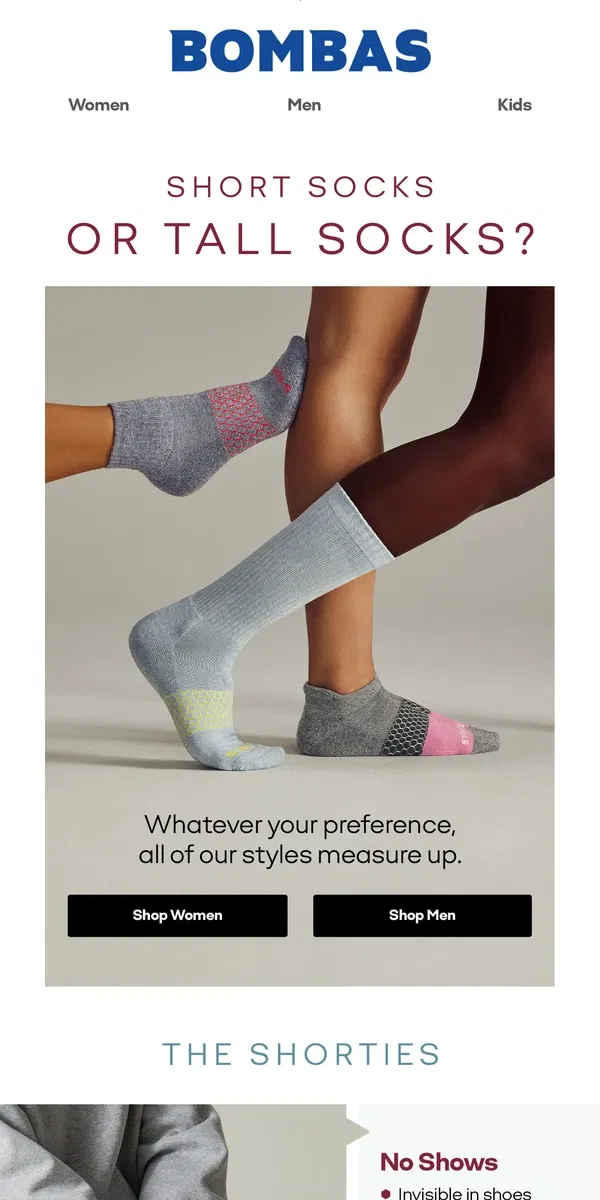 Email from Bombas. Pick a Height, Any Height