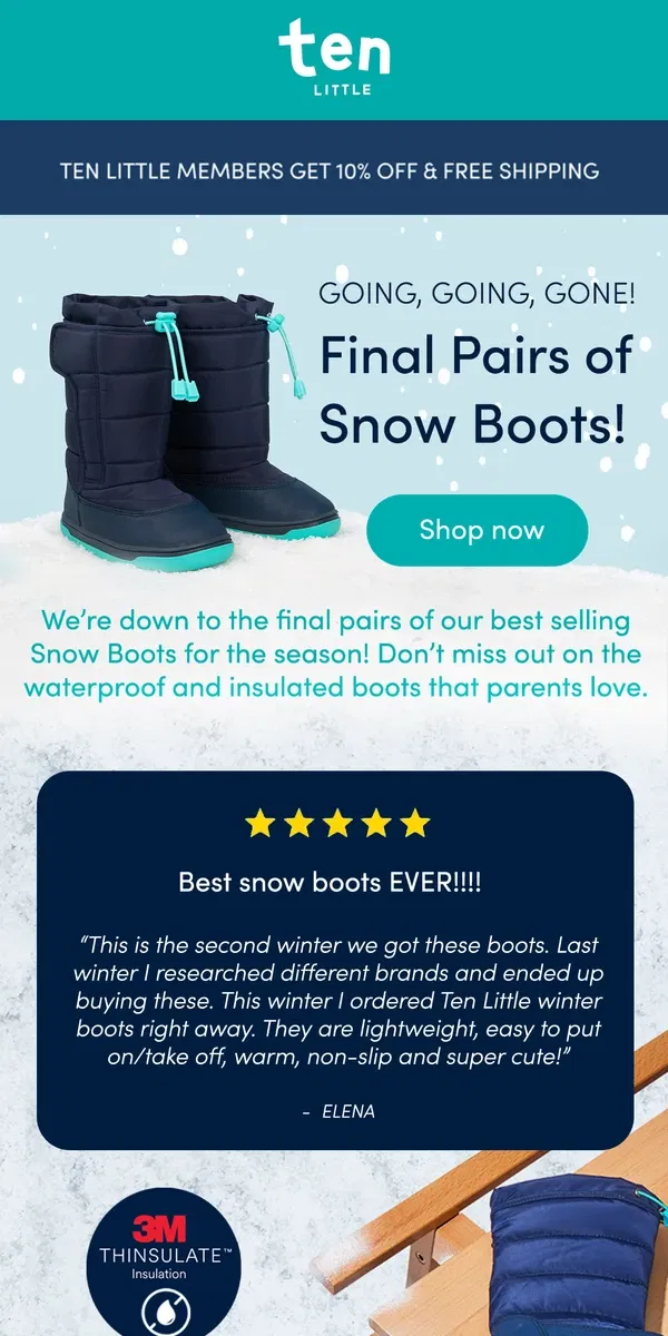 Email from Ten Little. Final units: Snow Boots! ❄️