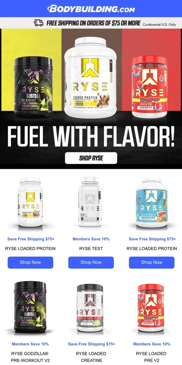 Email from Bodybuilding.com. Turn Up the Intensity! RYSE Products for Every Workout 🔥