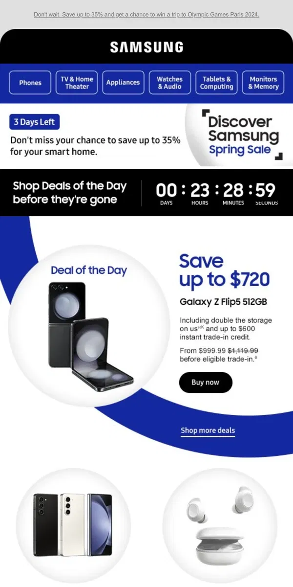 Email from Samsung. ✨⌛ [Name], save up to $720 on Galaxy Z Flip5 512GB. Only today!