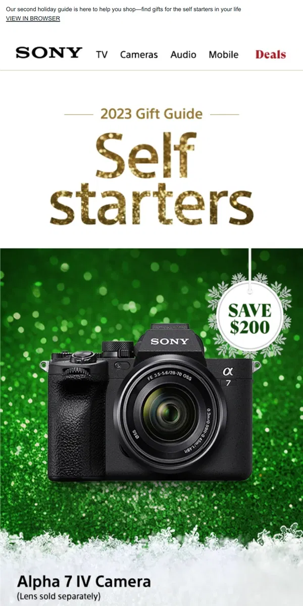 Email from Sony. Save Up to $800 on Gifts for Self-Starters