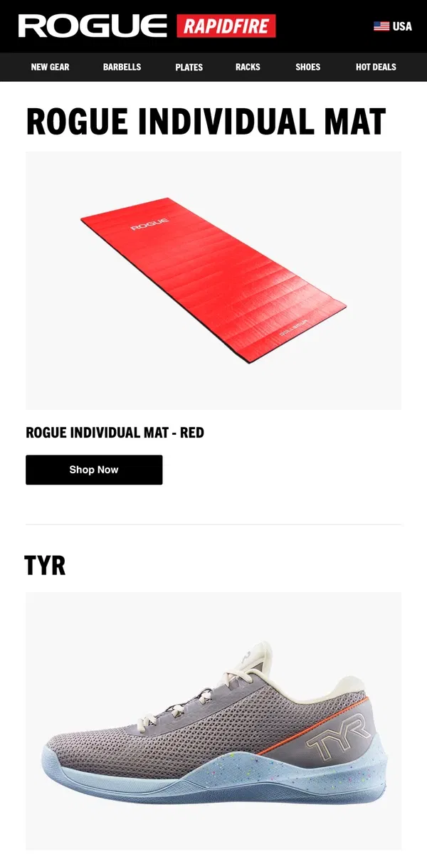 Email from Rogue Fitness. Just Launched: Rogue Individual Mat & TYR CXT-2 Trainer