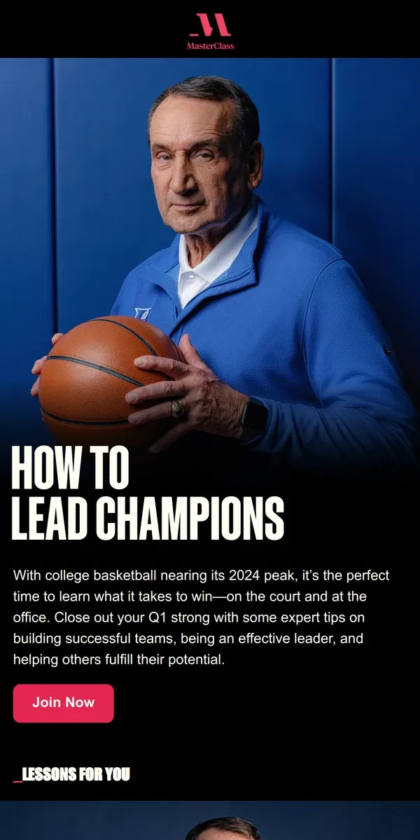 Email from Masterclass. How to lead like an award-winning NCAA coach