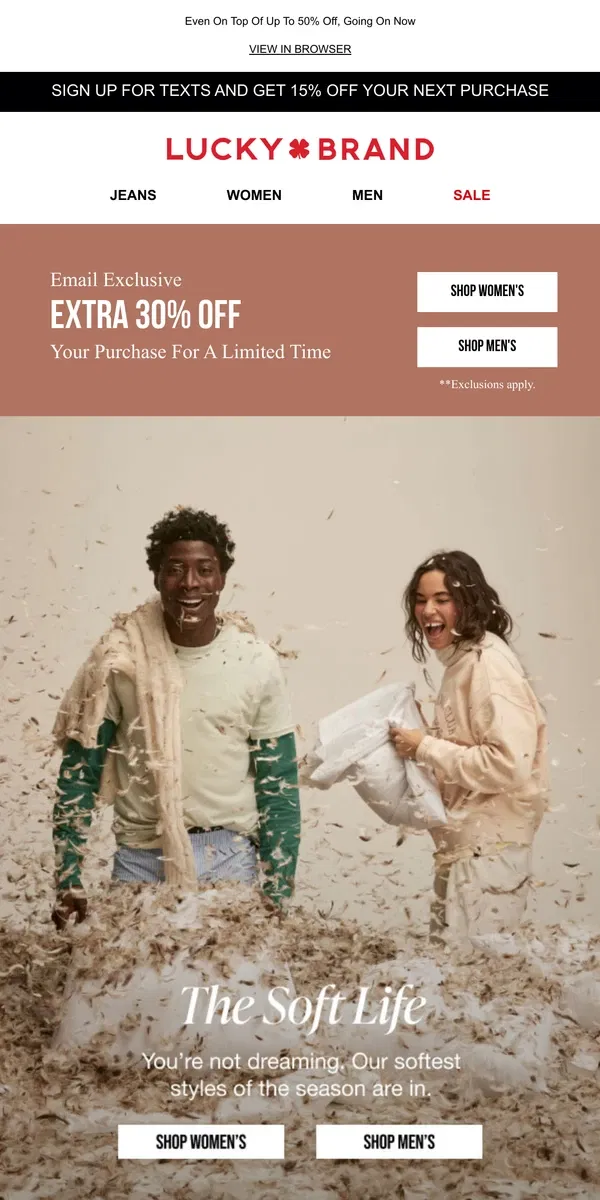 Email from Lucky Brand. Extra 30% Off Sweaters, Cardis & More