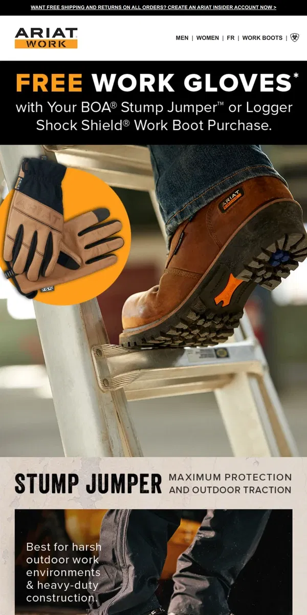 Email from Ariat. Free Work Gloves with Your New BOA® Boots