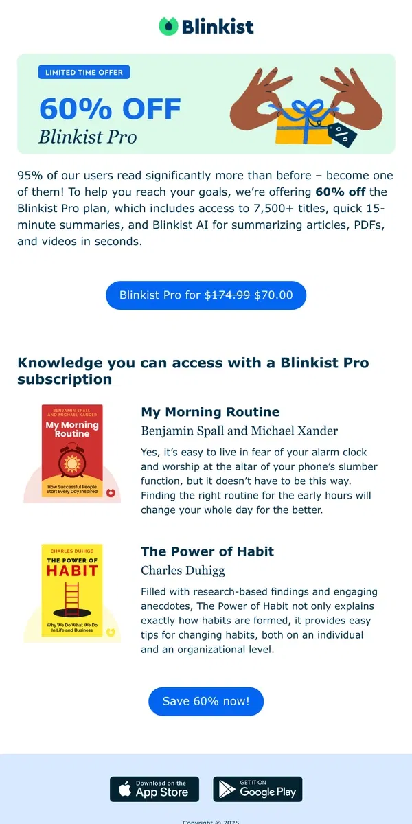 Email from Blinkist. Life-changing books for only $70.00 – 60% off!