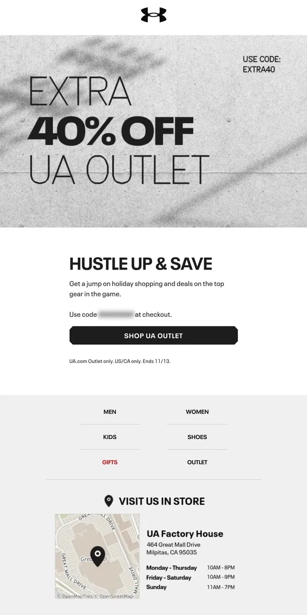 Email from Under Armour. Extra 40% off UA Outlet: The clock is ticking