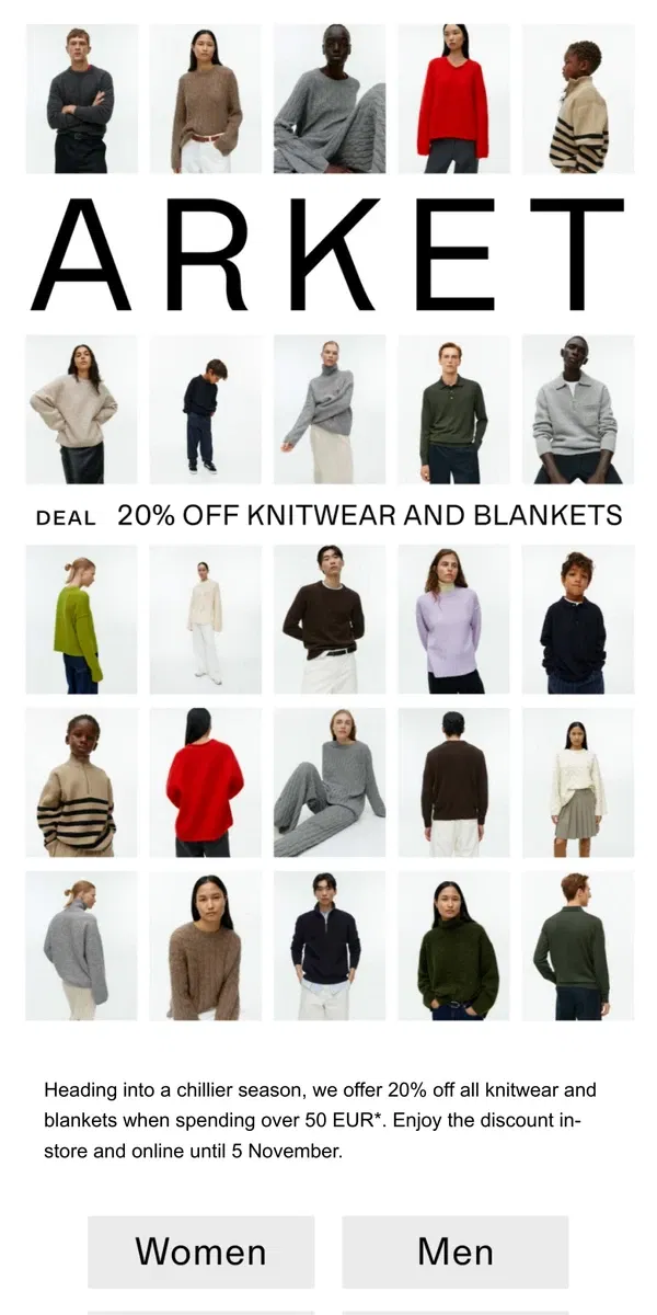 Email from ARKET. 20% off knitwear and blankets