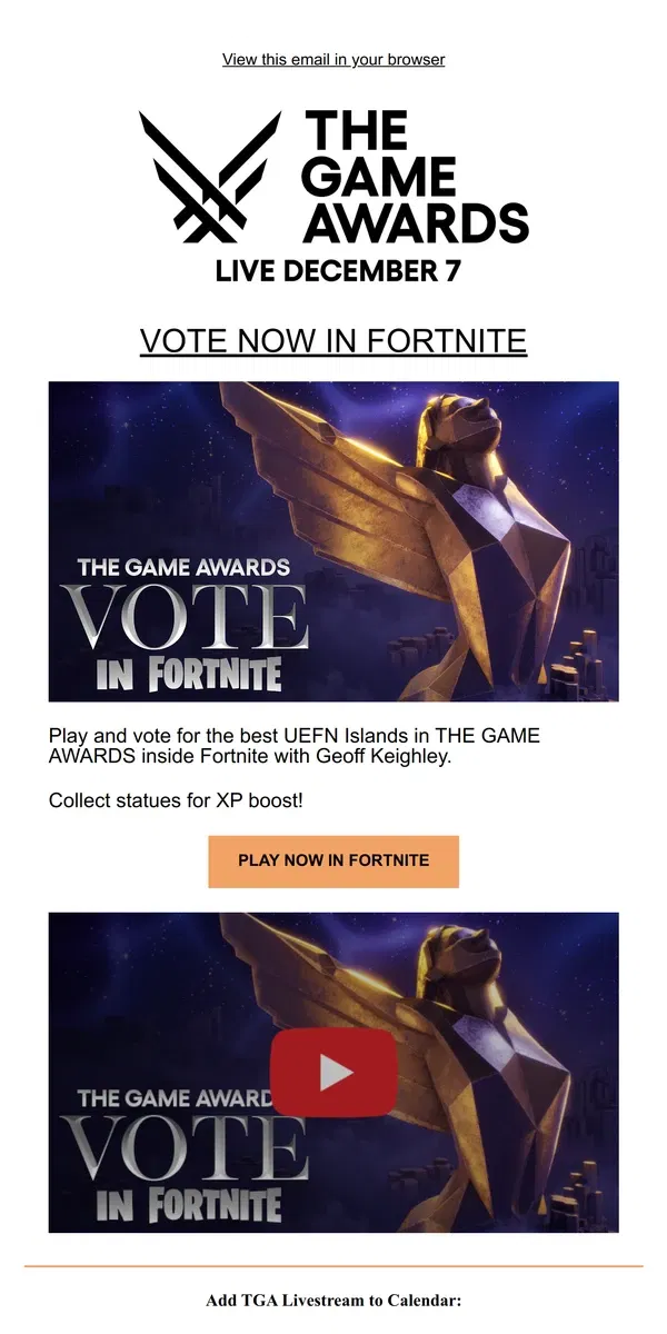 Email from The Game Awards. THE GAME AWARDS in Fortnite!