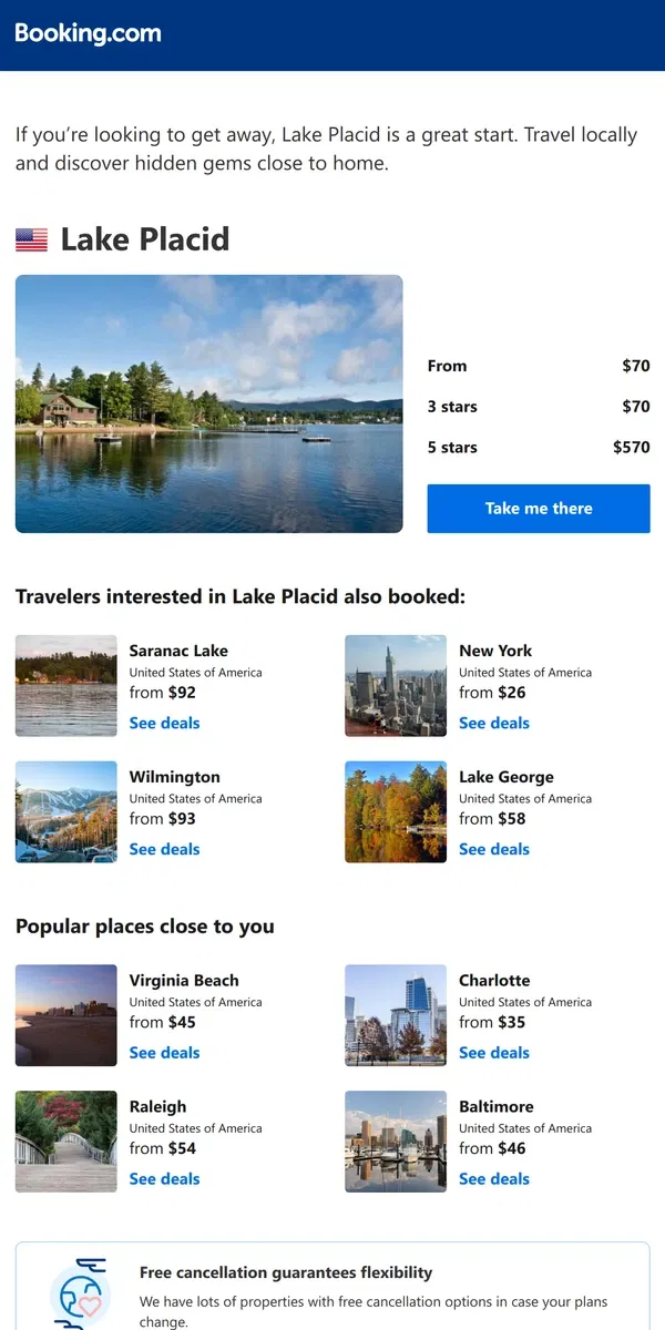 Email from Booking.com. A stay in Lake Placid from $70 – now that's a good price!