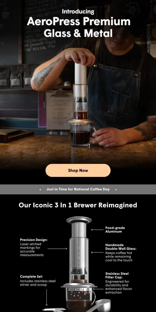 Email from AeroPress. AeroPress Premium Glass and Metal is here! ☕✨