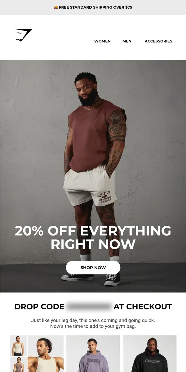 Email from Gymshark. 20% off EVERYTHING right now