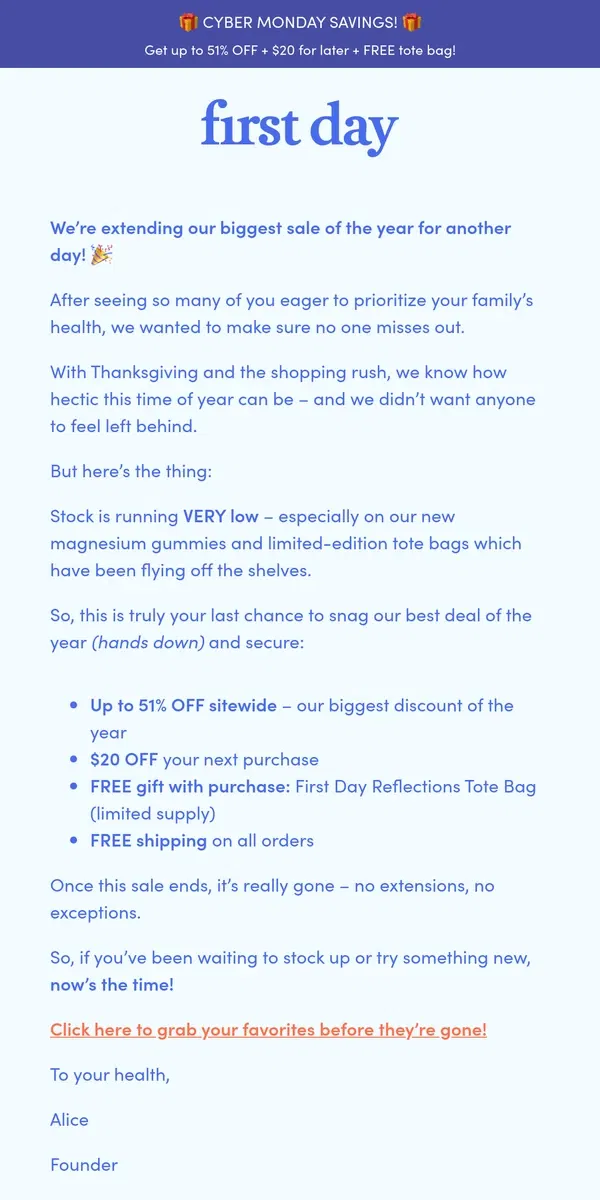 Email from First Day. LAST CHANCE to save big...