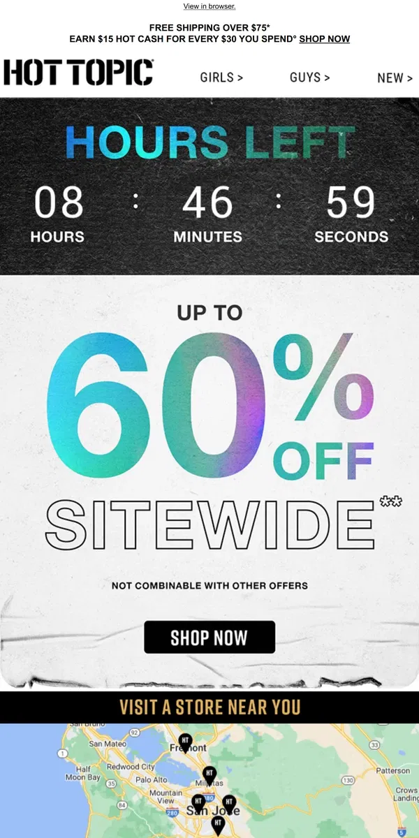 Email from Hot Topic. Up to 60% Off ends tonight ⌚ Hours left to shop!