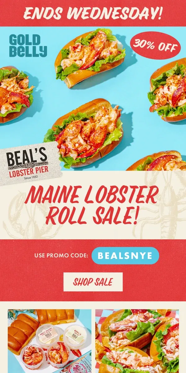 Email from Goldbelly. LAST CHANCE! Maine Lobster Roll SALE 🦞