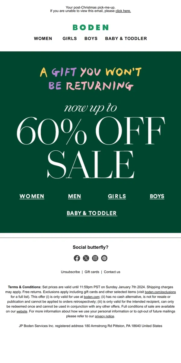 Email from Boden. Sale NOW up to 60% off