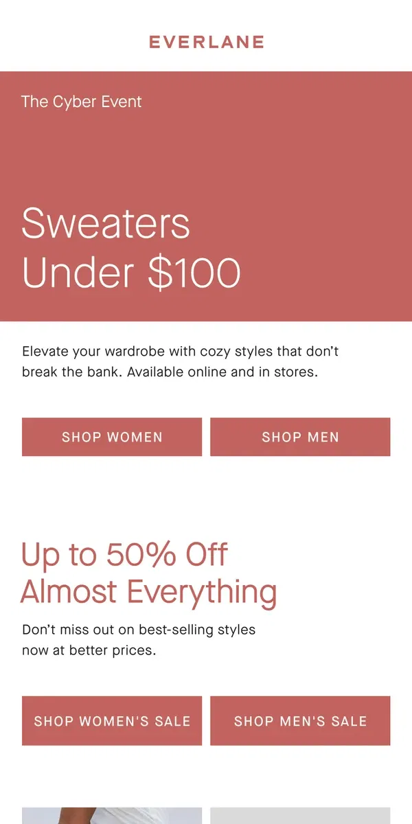 Email from Everlane. The Cyber Event: Top Sweaters Under $100