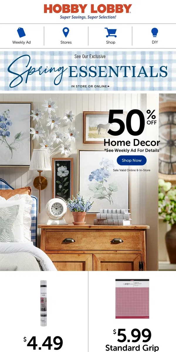 Email from Hobby Lobby. Bedroom Bliss: 50% Off Home Decor