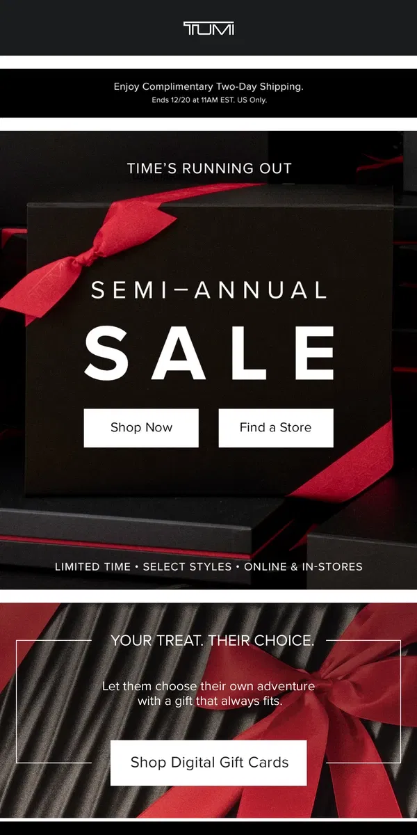 Email from Tumi. Your Reminder: Semi-Annual Sale Ends Soon