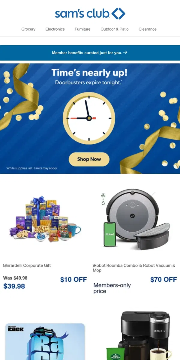 Email from Sam's Club. Final hours for holiday doorbusters!