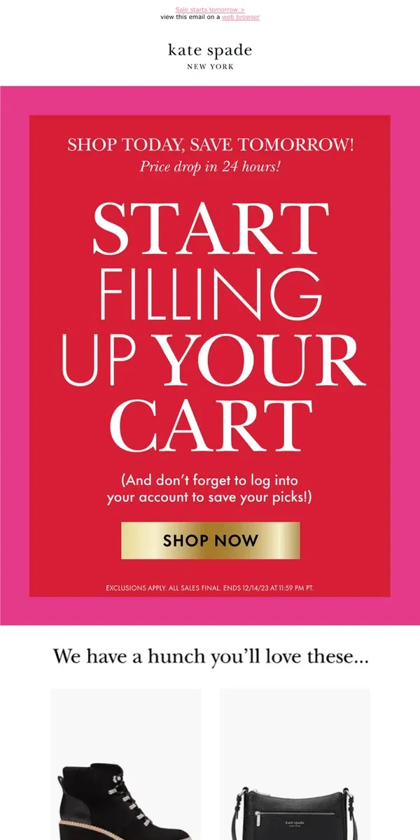 Email from Kate Spade. An empty cart? Never