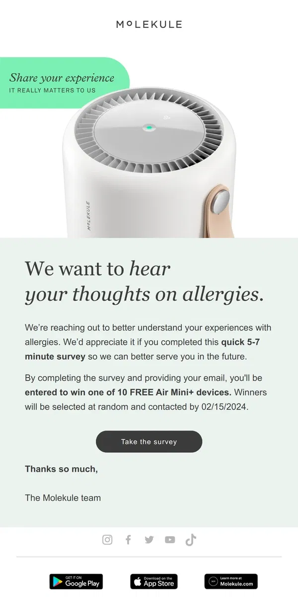 Email from Molekule. We want to hear your thoughts on allergies 🤧