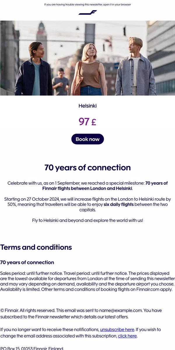 Email from Finnair. 70 years of Helsinki–London flights