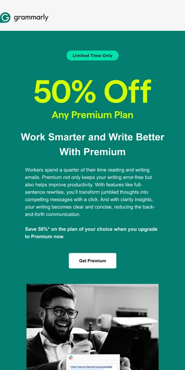 Email from Grammarly. Elevate your work with 50% off Premium