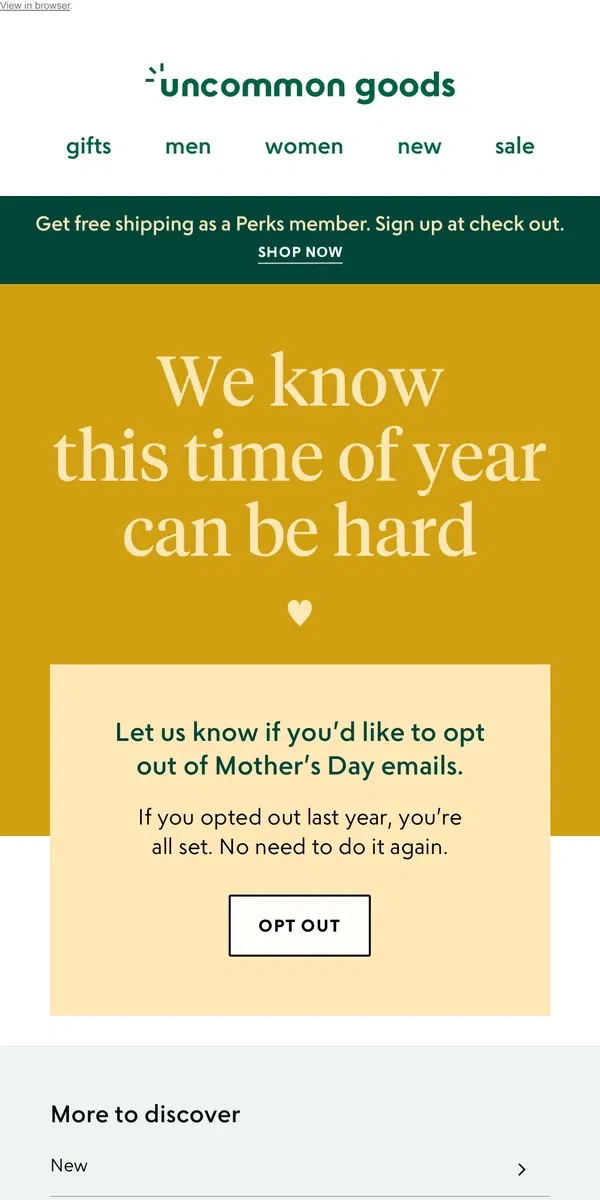 Email from Uncommon Goods. How to opt out of Mother's Day emails