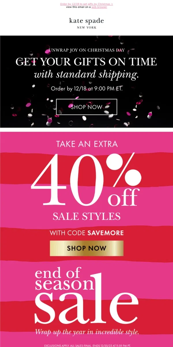 Email from Kate Spade. Holiday countdown: an extra 40% off sale with code SAVEMORE