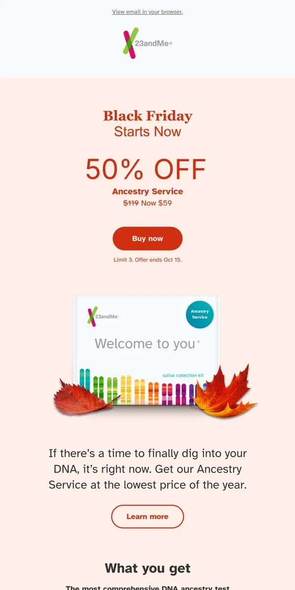 Email from 23andMe. 50% off Ancestry Service