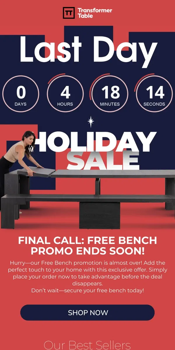 Email from Transformer Table. 🎁 Last Day! Holiday Sale : Free Gifts!