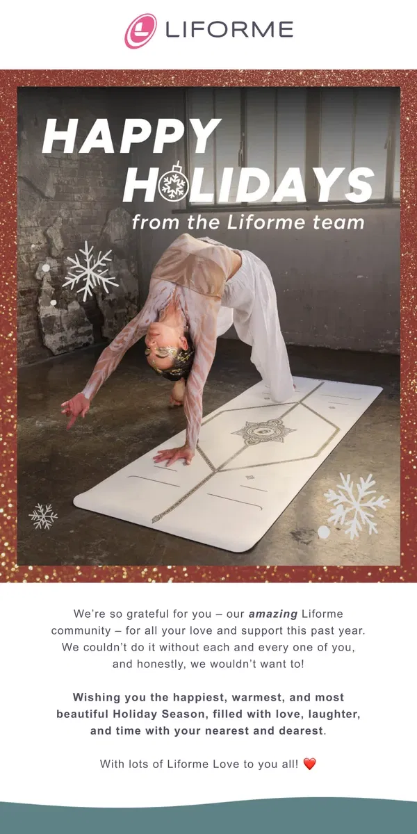 Email from Liforme. Happy Holidays from all of us at Liforme ❤️🙏