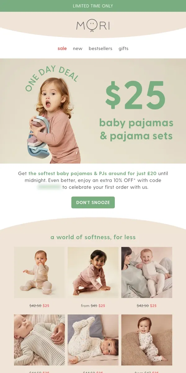 Email from MORI. $25 Baby Pajamas & PJs for ONE DAY only! ⚡