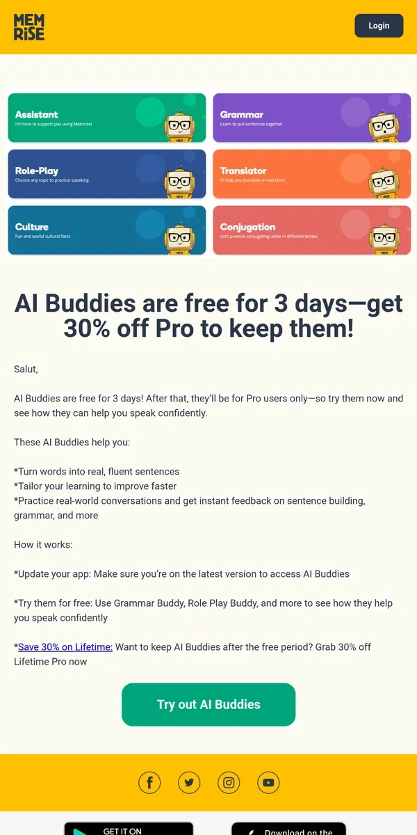 Email from Memrise. 🚨 AI Buddies are here! Upgrade for 30% off or try free for 3 days!